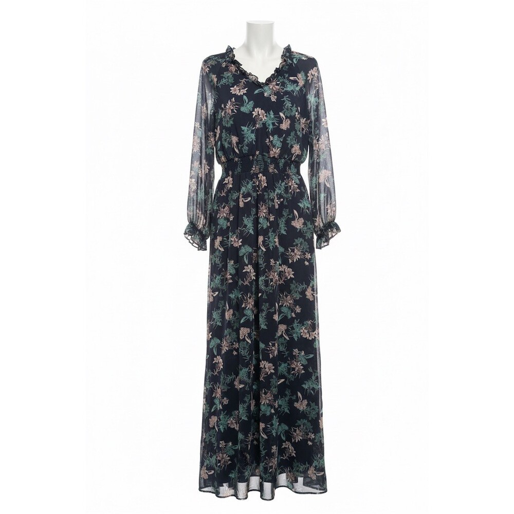 Lulus Just Me Jumpsuit Women’s Size S Navy Floral Sheer overlay Long Sleeve - Picture 2 of 10